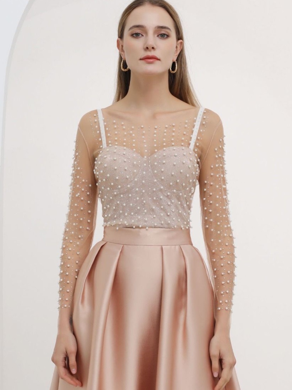 Chicwish Nude Sheer Pearl-Embellished Mesh Blouse